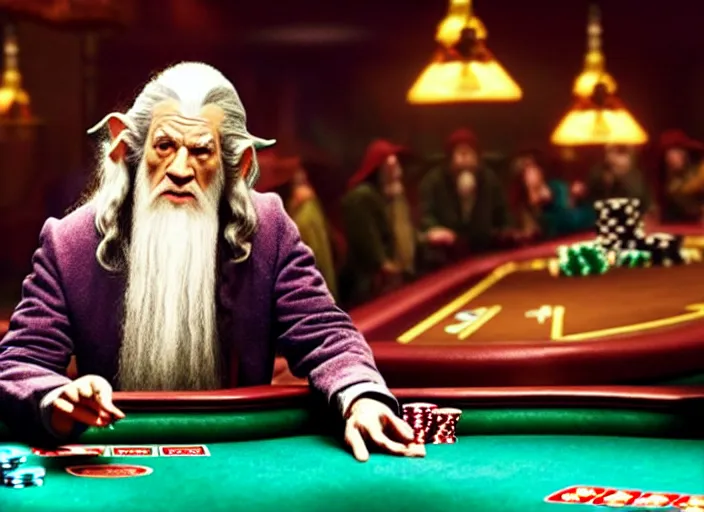 Prompt: film still of gandalf gambling in a casino in new lord of the rings movie, 8 k