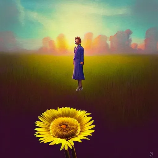 Image similar to huge daisy flower head, frontal, a girl in a suit, surreal photography, sunrise, dramatic light, impressionist painting, digital painting, artstation, simon stalenhag