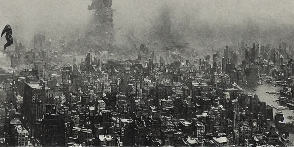Image similar to “Godzilla attacking New York, 1900’s photo”
