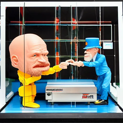 Image similar to werner heisenberg playing with double slit apparatus, stop motion vinyl action figure, plastic, toy, butcher billy style