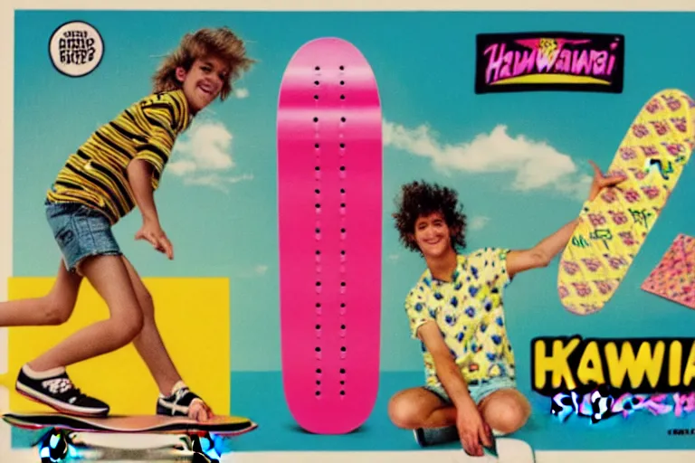 Prompt: 80s, skateboard, Hawaiian pizza, advertisement