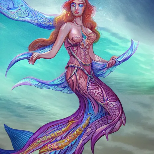 Image similar to merfolk sea goddess rising from the ocean, d & d style, trending on artstation, colorful, intricate, art by kev chan