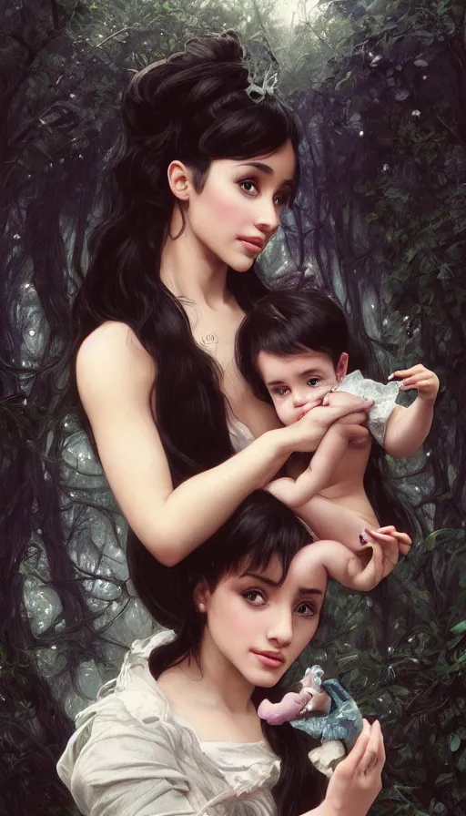 Image similar to unique cottagecore Ariana Grande holding a baby, black Hair, dark forest, intricate, elegant, highly detailed, digital painting, artstation, concept art, smooth, sharp, focus, illustration, art by artgerm and greg rutkowski and alphonse mucha