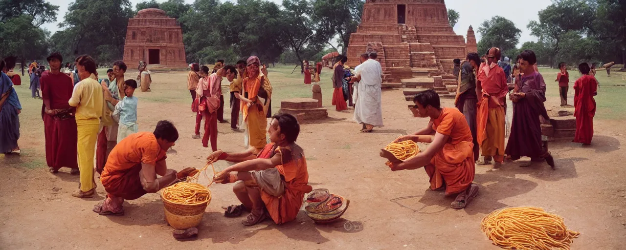Image similar to people offering spaghetti at sanchi stupa, ancient india, canon 5 0 mm, kodachrome, in the style of wes anderson, retro