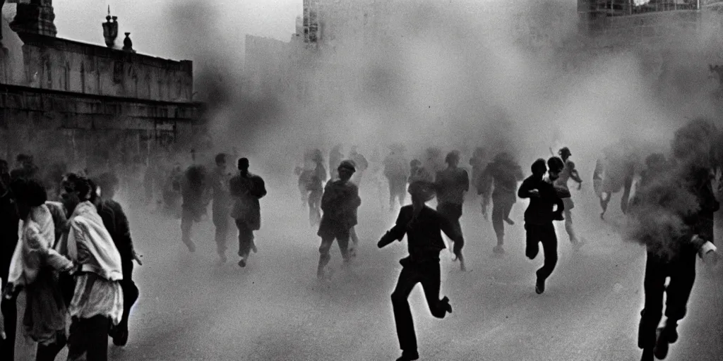 Image similar to street photo, revolution, smoke on the street, blurred thousands of people running, closeup, film photography, 1 9 8 0 s, exposed b & w photography, christopher morris photography, bruce davidson photography, peter marlow photography