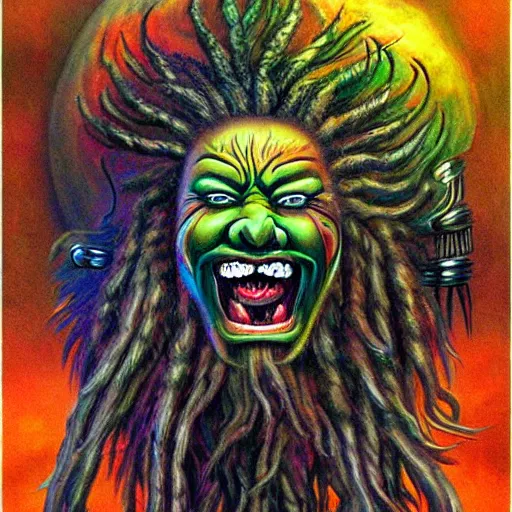 Image similar to a demon with dreadlocks telling a joke, airbrush art, shamanic horror lsd art, by basuki abdullah