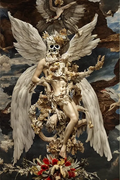 Image similar to A flying icarus reaching for the sun with a skull mask and wings as a corrupted and glitched Greek sculpture, glowing quartz crystal skull, wreath of ferns, abstract milky quartz eyes, many large flying monster eyes, flowing sakura silk, fabric, flowers. baroque elements, human skull. full-length view. baroque element. intricate artwork by caravaggio. many many birds birds on background. Trending on artstation. halo. octane render, cinematic, hyper realism, octane render, 8k, depth of field, 3D