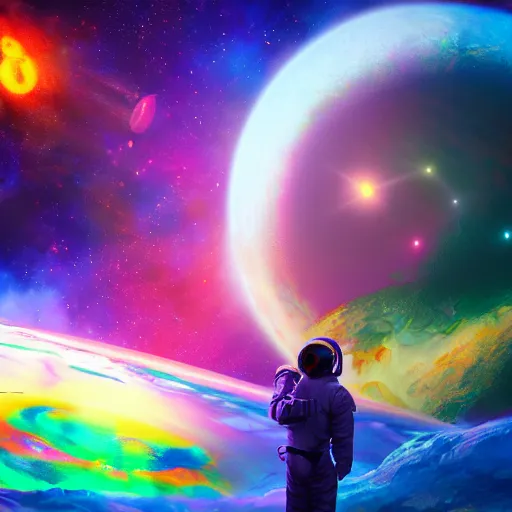 Image similar to astronaut maestro directing a large symphony creating beautiful music of color and happiness, synthesthesia, digital painting, trending on artstation, unreal engine 5, CG society, hypermaximalist, golden ratio