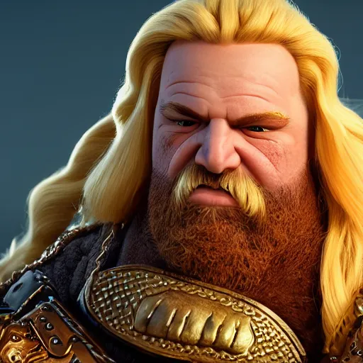 Image similar to a handsome, corpulent viking with blond hair, clash royal style characters, unreal engine 5, octane render, detailed, cinematografic, cinema 4 d