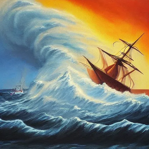 Image similar to sea storm, vortex, epic painting, wooden ship, highly detailed, hd, deep colors