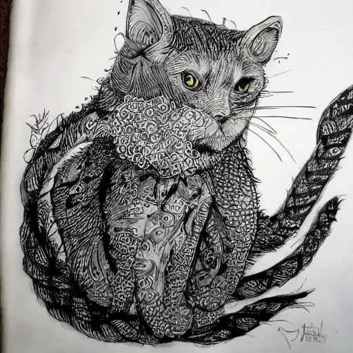 Prompt: lovecraftian cat, illustration, by brian boland, pen, ink and copic markers