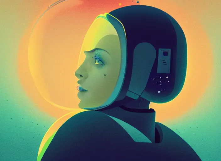 Image similar to portrait of a young astronaut girl, colorful, modern art deco, mads berg, karolis strautniekas, christopher balaskas, stippled light, fog, moody, fine texture, editorial illustration, dramatic lighting, dynamic composition, detailed, matte print, dynamic perspective, muted color