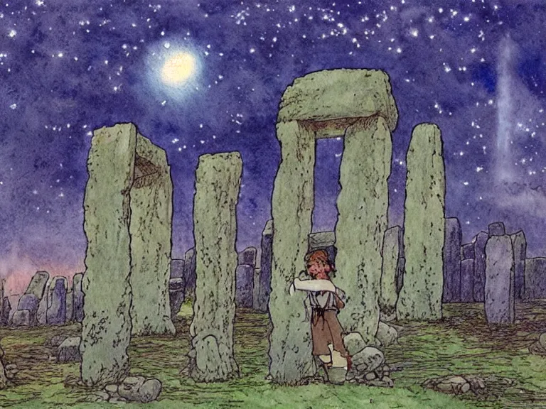 Image similar to a simple watercolor studio ghibli movie still fantasy concept art of a giant wizard playing in a tiny stonehenge. it is a misty starry night. by rebecca guay, michael kaluta, charles vess