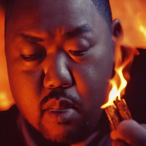 Prompt: cinematic film still of Timbaland starring as a Japanese Sensei with fire, Japanese CGI, VFX, 2003, 40mm lens, shallow depth of field, film photography