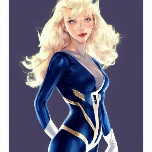 Image similar to a beautiful portrait of a beautiful cute kawaii superhero woman, blonde hair, matte navy - blue bodysuit, white cape, intricate, elegant, 8 k, highly detailed, digital painting, concept art, smooth, sharp focus, illustration, disney, anime, by artgerm and loish and wlop and alphonse mucha