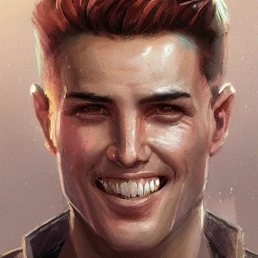 Image similar to Portrait of a man by Greg Rutkowski, he is about 30 years old, mixture between russian and turkish, quiff copper hair, attractive, uncanny smile, he is wearing a futuristic police outfit, highly detailed portrait, scifi, digital painting, artstation, concept art, smooth, sharp foccus ilustration, Artstation HQ