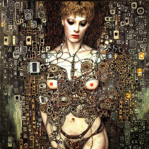 Image similar to depraved cybernetic deities trapped in circuitry, intricate detail, klimt, royo, whealan,