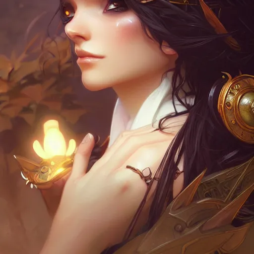 Image similar to Yordle, closeup, D&D, fantasy, intricate, elegant, highly detailed, digital painting, artstation, concept art, matte, sharp focus, illustration, art by Artgerm and Greg Rutkowski and Alphonse Mucha