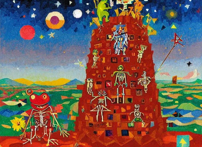 Image similar to pixel decollage painting tarot lovers card composition tower of babel road red armor maggot bear and wonky alien frog skeleton knight on a horse in a dark red cloudy night sky with golden foil jewish stars and diamonds, mountain lake and blossoming field in background, painted by Mark Rothko, Helen Frankenthaler, Danny Fox and Hilma af Klint, pixelated, neo expressionism, semi naive, pastel colors, cinematic, color field painting, cave painting, voxel, pop art look, outsider art, minimalistic. Bill Traylor painting, part by Philip Guston, Amano and Francis Bacon. art by Adrian Ghenie, very coherent symmetrical artwork, cinematic, hyper realism, high detail, octane render, unreal engine, Smooth gradients, depth of field, full body character drawing, extremely detailed, 8k, extreme detail, intricate detail, masterpiece