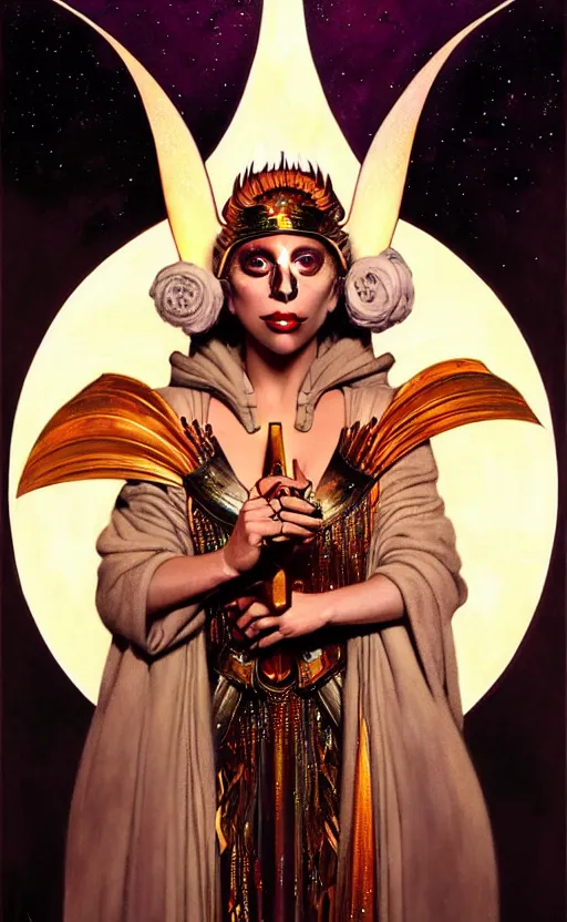 Image similar to lady gaga as atomic priestess, gorgeous lighting by weta studio, mucha, bautista and norman rockwell and greg rutkowski and tom bagshaw and james gurney and lucasfilm