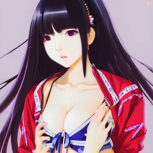 Image similar to a beautiful japanese lalisa alluring gravure model, wearing oversized designer bomber jacket and leotard, bulky poofy bomber jacket with mesoamerican patterns, mesoamerican native street fashion, gapmoe yandere grimdark, trending on pixiv fanbox, painted by greg rutkowski makoto shinkai takashi takeuchi studio ghibli, akihiko yoshida