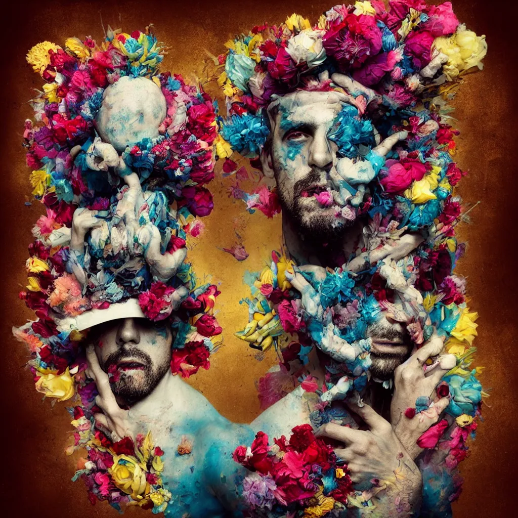 Prompt: an album cover of a man with a strange hat on his head by Alberto Seveso, behance contest winner, award winning, masterpiece, pop surrealism, made of flowers, surrealist-H 1024