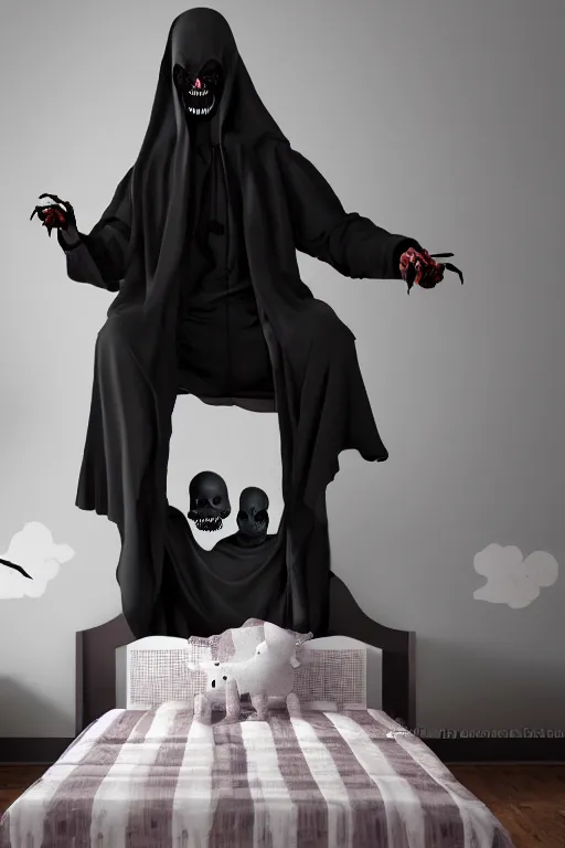 Prompt: The grim reaper crossed with a spider looming over a sleeping childs bed preparing to eat his soul