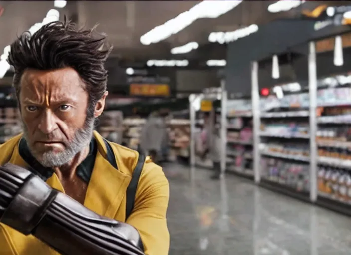 Image similar to film still of Wolverine going grocery shopping in the new X-Men movie, 4k