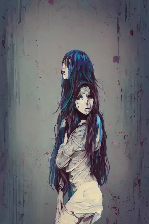 Prompt: urban school zombie girl in tattered clothes crouching in a corner fanart, dark blue long hair, muted colors, matte print, pastel colors, ornate, digital art, cute smile, digital painting, fan art, elegant, pixiv, by Ilya Kuvshinov, by Studio Ghibli
