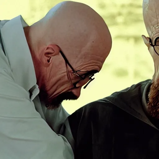 Prompt: Walter white kissing Micheal morbius
