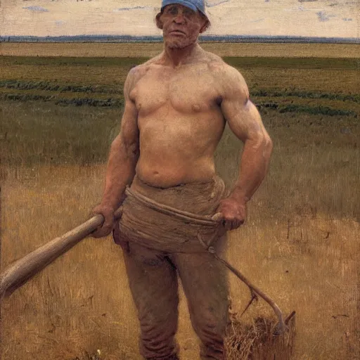 Prompt: painting of a man farmer at work in the field, by steve huston, george clausen, arduous work, naturalist, jules bastien - lepage, muscular, shirtless, hard labor, melancholic, hyper - realistic, very detailed, dusk