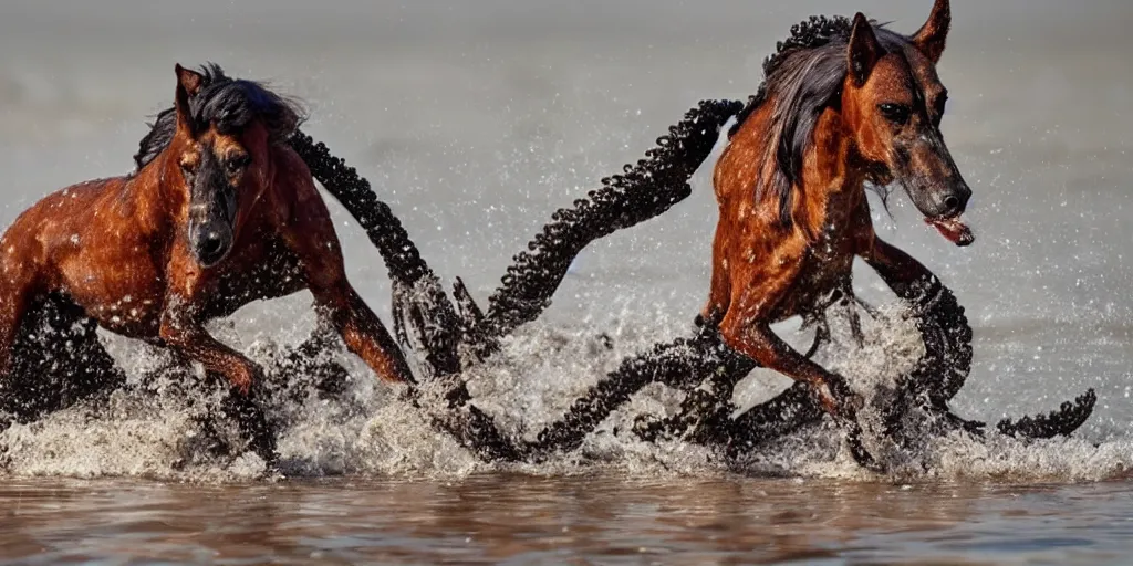 Image similar to national geographic photo of horse full of octopus being eaten by african hunting dogs