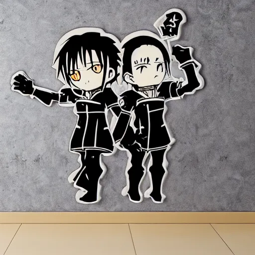 Image similar to die cut sticker, full metal alchemist al and alphons, splatter paint