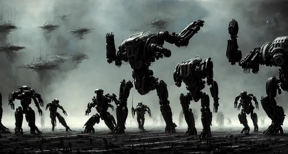 Image similar to hyper realistic sci - fi matte concept art painting of dramatic cinematic battle scene between humanoid zombie - battlemechs of flesh fighting, guns, missiles, explosions, beautiful details, strong composition painted by kim jung guweta studio rutkowski, james gurney and greg rutkowski, and lucasfilm, smooth, intricate, detailed, sharp focus, cinematic