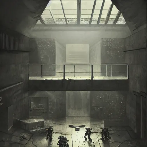 Image similar to brutalist interior with high celing and big windows, dark moody lighting, neo militarism, eco brutalism, highly detailed, excellent composition, cinematic concept art, dramatic lighting, trending on artstation