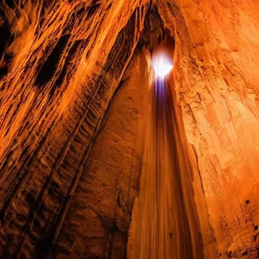 Prompt: photo of a giant orange glowing transparent humanoid of one thousand feet of height standing next to a building inside a cave