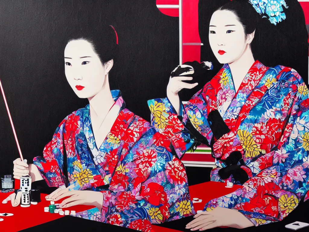 Image similar to hyperrealism composition of the detailed woman in a japanese kimono sitting at an extremely detailed poker table with darth vader, fireworks on the background, pop - art style, jacky tsai style, andy warhol style, acrylic on canvas