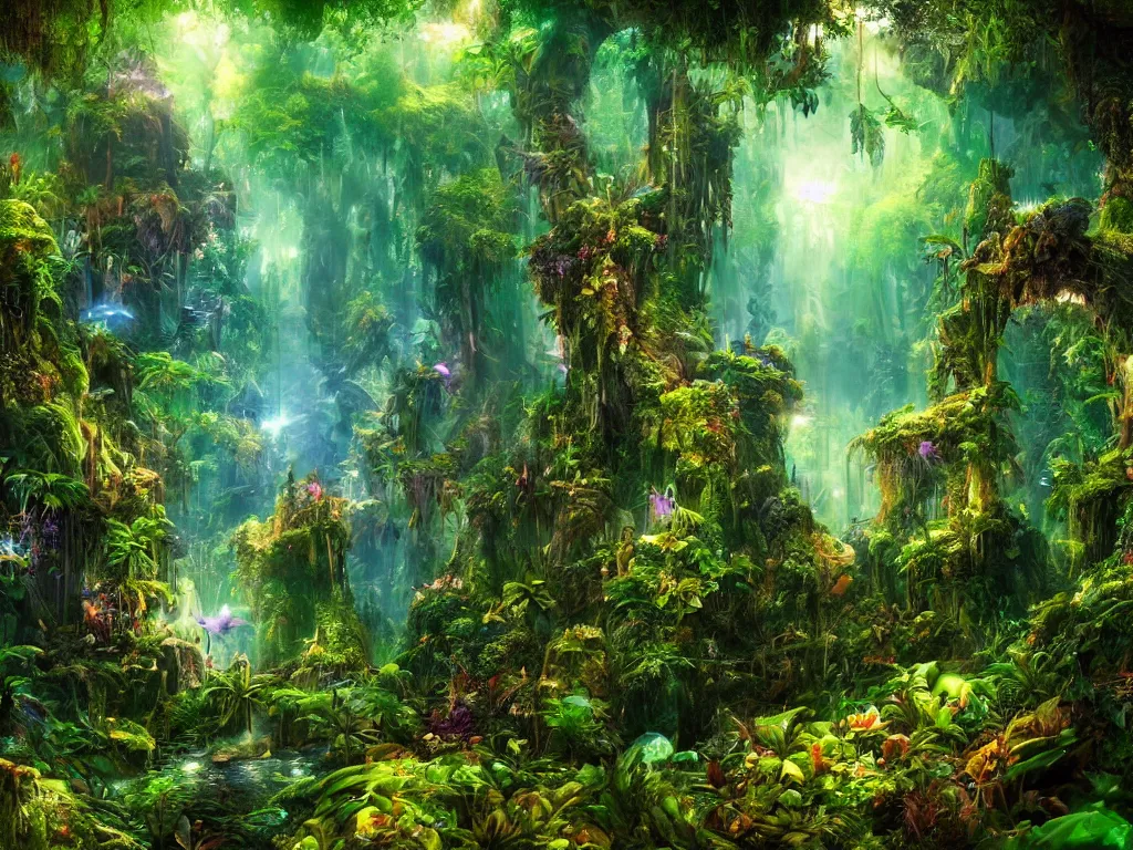 Prompt: a fantasy beautiful dense biorelevant rainforest setting, ultrawide angle, glowing animals surround it with pixie dust ether floating in the air, hdr, epic scale, cmyk, deep spectrum color