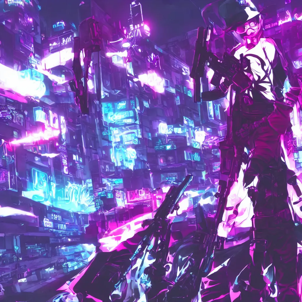 Image similar to Reaper (The World Ends With You) holding gun, cyberpunk aesthetic, city skyline on background, neon lights, glow, retrowave style