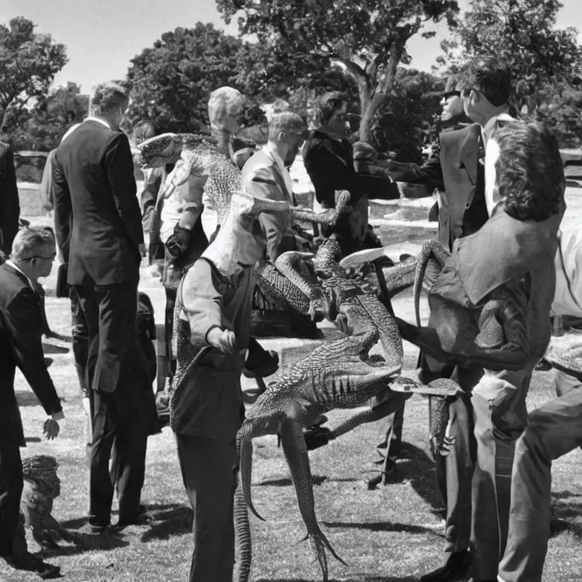 Image similar to president kennedy meeting with an argonian lizard warrior in skryim