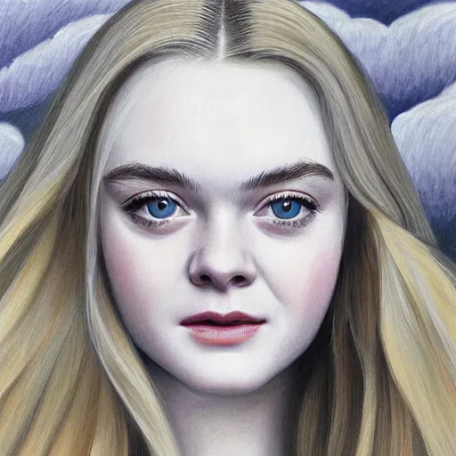 Image similar to professional painting of Elle Fanning in the style of Koson Ohara, head and shoulders portrait, symmetrical facial features, smooth, sharp focus, illustration, intricate, stormy weather, extremely detailed masterpiece,