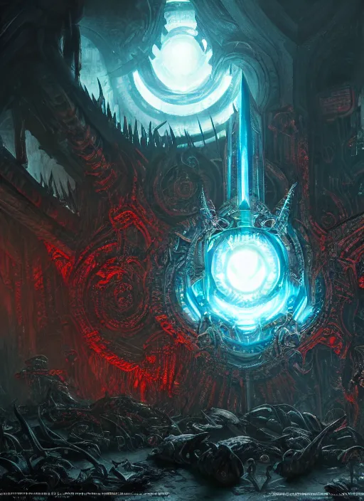 Prompt: wide shot of a warp portal, chaos demons emerging, blood runes glowing, intricate, warhammer, warhammer 4 0 k, highly detailed, digital painting, concept art, sharp focus, illustration, muted colors, grim dark, moody, gloomy, art by john blanche, by pedro nunez, by jaime martinez, by nacho molina