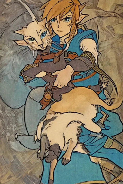 Image similar to link from The Legend of Zelda: Breath of the wild playing with a cat by and mucha,geometric shapes, hard edges ,Visual Communication Design