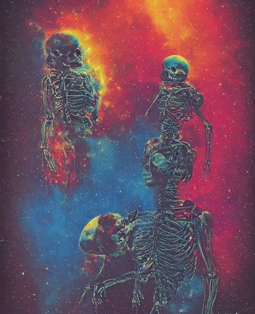 Prompt: a psychedelic cosmonaut skeleton tearing his suit off, rainbow melting color scheme, floating in the cosmos nebula, glass space helmet, Beksinski, ❤️‍🔥 🔥 💀