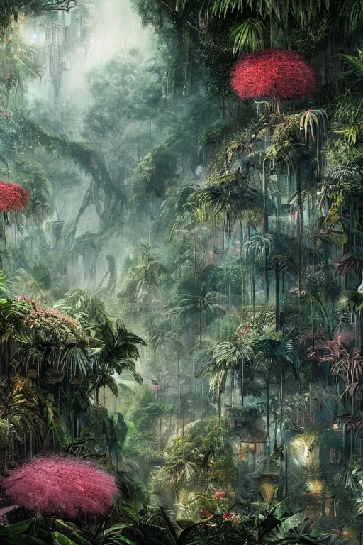 Image similar to the beauty of the jungle painted by mahmoud farshchian, mia brownell, very detailed, maximalism, ambient occlusion, volumetric light, atmospheric haze, hyper realism, cyberpunk shading, cinematic composition, realistic render, photorealistic, wide shot