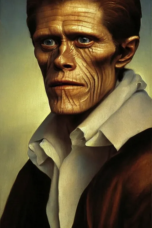 Image similar to an extremely high quality hd, portrait painting of 4 0 year old willem dafoe, renaissance oil painting, studious chiaroscuro, by h. r. ( hans ruedi ) giger, featured on cgsociety, afrofuturism, dystopian art, 8 k, ultra realistic, very realistic