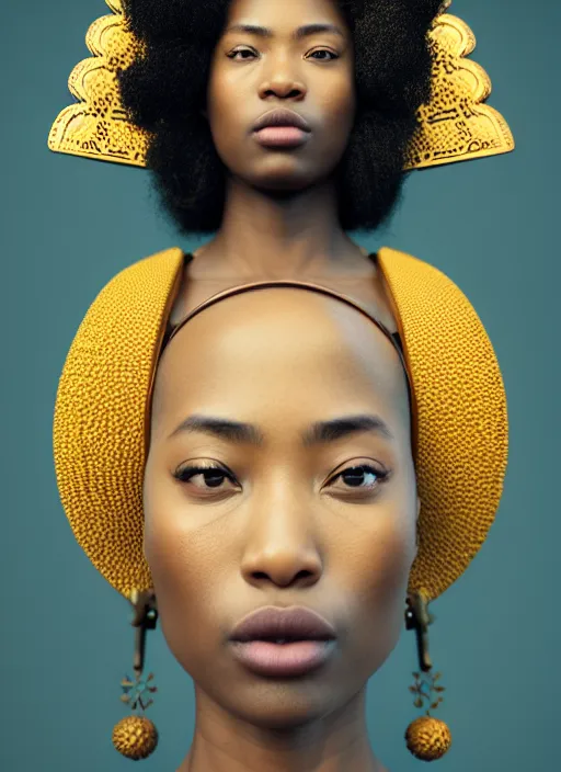 Prompt: attractive female portrait of african samurai, wearing gui, afro, rule of thirds, uplight, intricate, symmetrical!!, depth of field, cinematic, filmic, vsco, concept art, artstation, digital painting, elegant, model, gorgeous, adobe, vouge, magazine cover, epic, focus, octane render, vray render, arnold render,