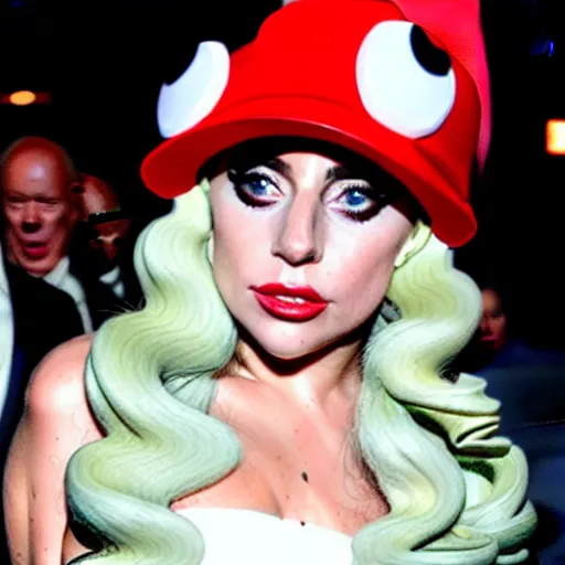 Image similar to lady gaga wearing a super mario hat