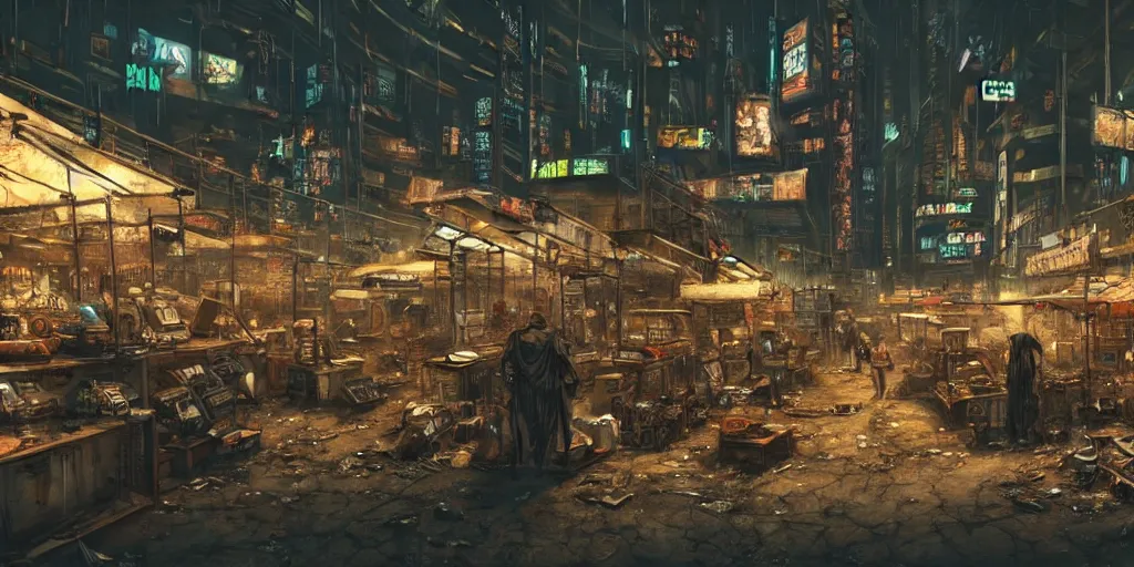 Prompt: a gritty cyberpunk marketplace in the middle of a dystopian wasteland during a plague of locusts