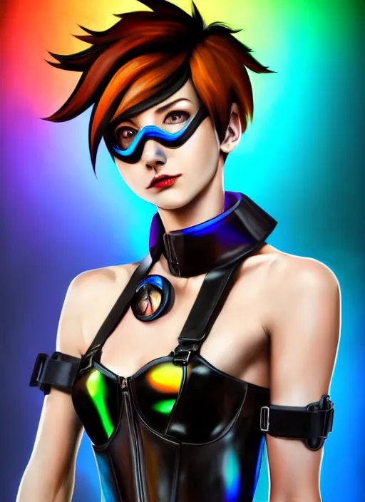 Image similar to oil painting digital artwork of tracer overwatch, confident pose, wearing black iridescent rainbow latex, 4 k, expressive happy smug expression, makeup, in style of mark arian, wearing leather collar, wearing sleek full body armor, black leather harness, expressive detailed face and eyes,